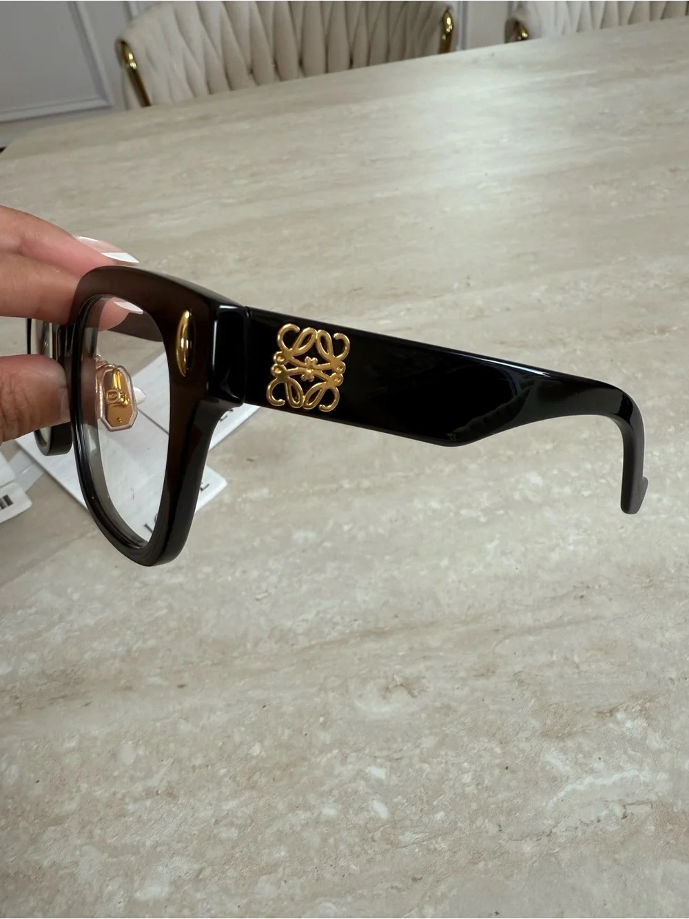 Loewe Black Glasses with Gold Anagram Logo.